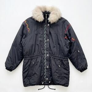 Kaelin Vintage 90s Long Ski Jacket Black Aztec Faux Fur Hood Insulated Womens 12